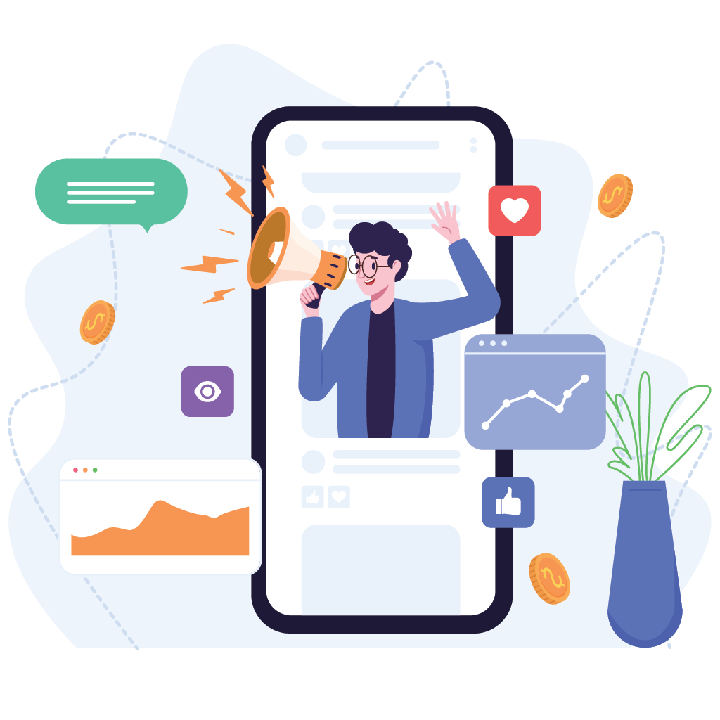 Mobile marketing strategy illustration with smartphone and engagement icons